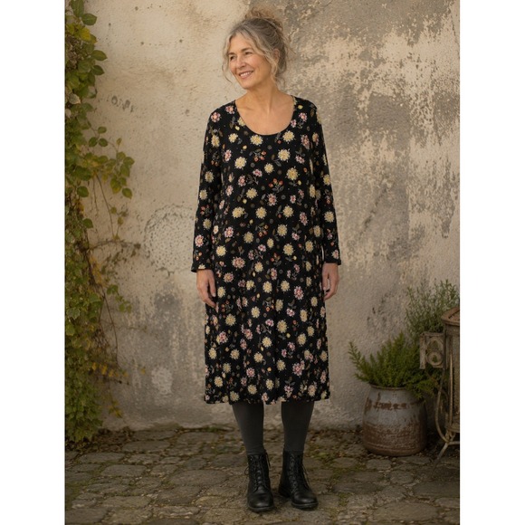Gudrun Sjoden Dresses & Skirts - Gudrun Sjoden Black Floral Lyocell Stretch Midi Dress Long Sleeve Boho- XXL